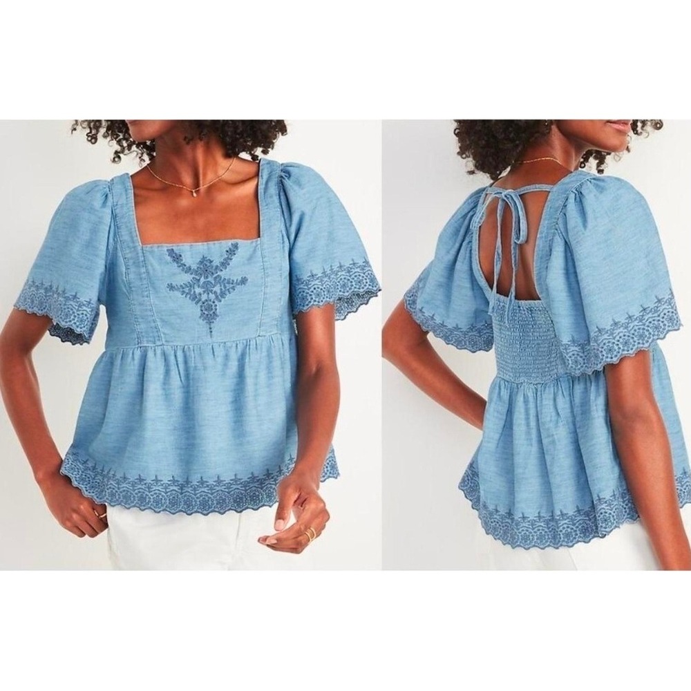 Old Navy Prairie Country Denim Shirt Embroidered Eyelet Puff Sl Peplum Top XS